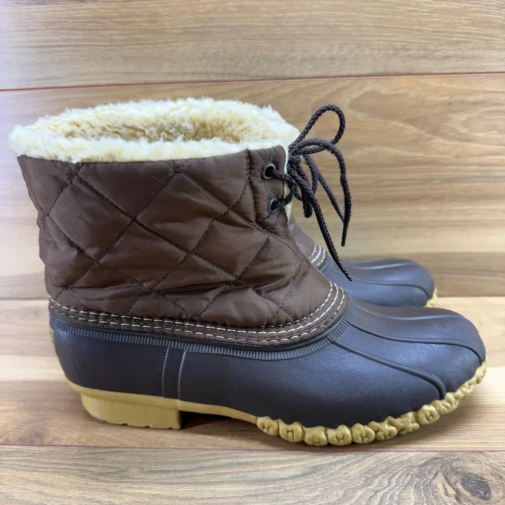 LL Bean Quilted Nylon Ankle Duck Boots Womens 9 M Brown Shearling Lined Fall